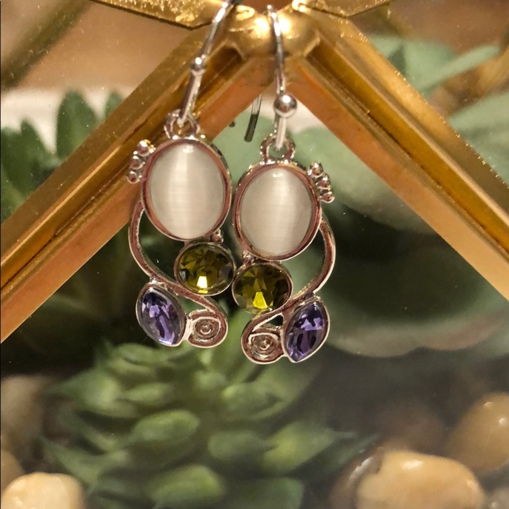 Faux opal, peridot, amethyst silver earrings